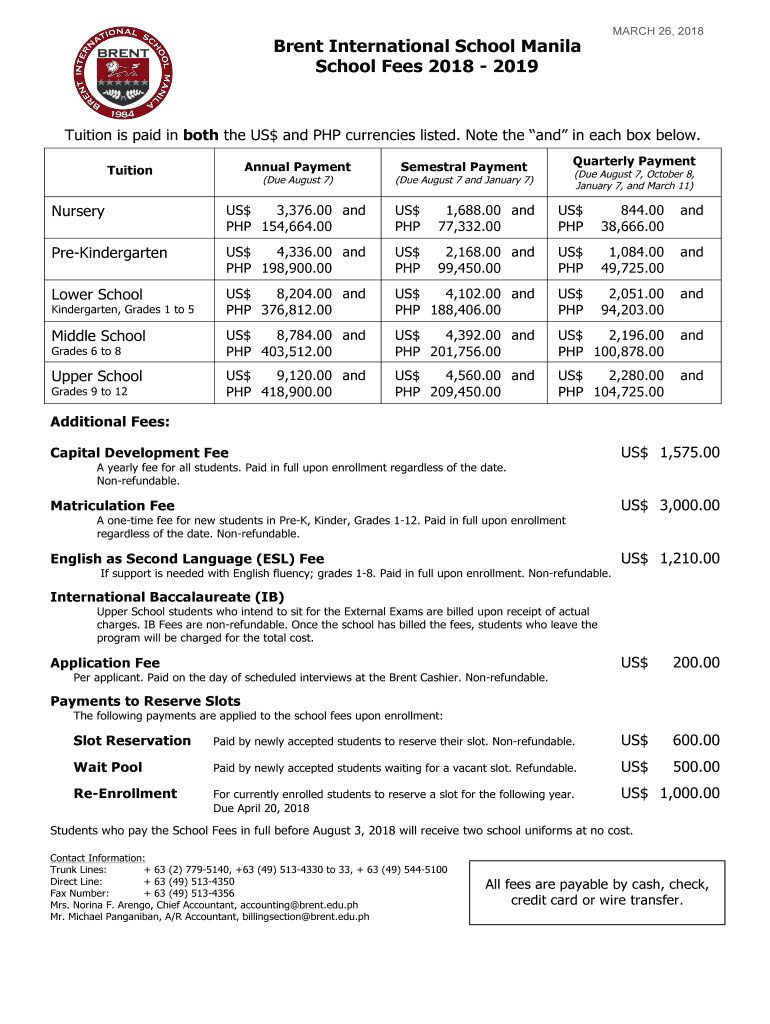 Fillable Online School Fees 20182019 - Brent International School ...
