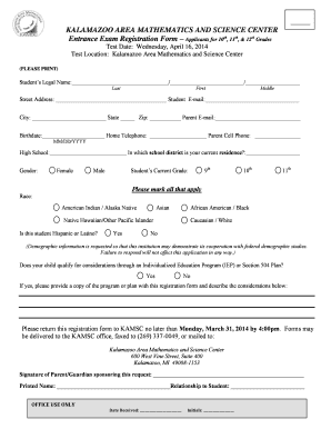 Entrance Exam Registration Form Applicants for 10th, 11th, &amp; 12th Grades