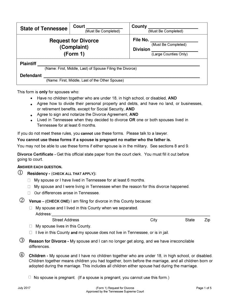 tennessee form 1 divorce complaint Preview on Page 1