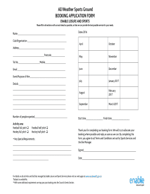 All Weather Sports Ground BOOKING APPLICATION FORM