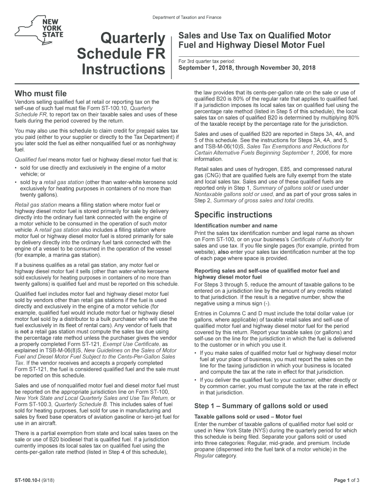 Form ST-100.10-I:9/18:Quarterly Schedule FR Instructions - Sales and Use Tax on Quailifed Motor Fuel and Diesel Motor Fuel: st10010I Preview on Page 1