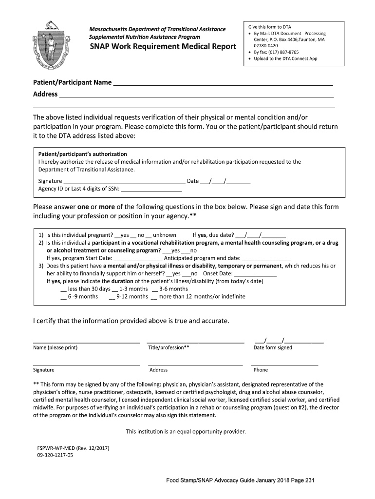 Fillable Online DTA ABAWD Medical Report Form, Food Stamp/SNAP Advocacy Guide. January 2018