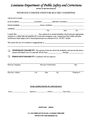 Fillable Online Physician&rsquo;s Certification for Seat Belt Exemption 