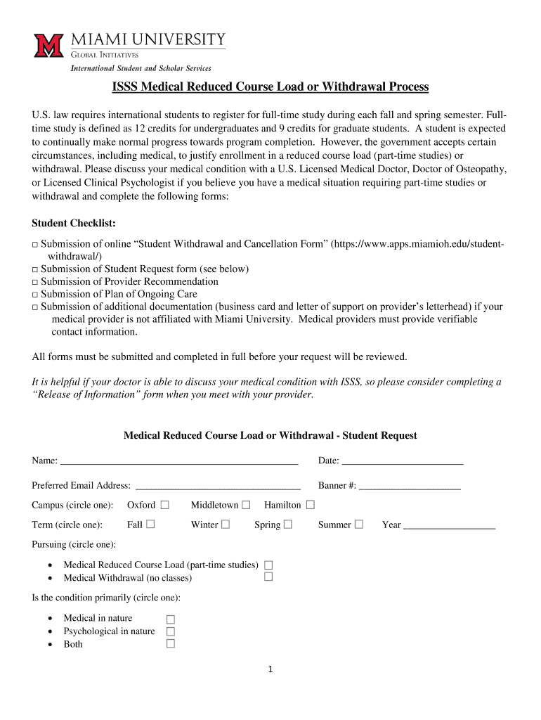 ISSS Medical Reduced Course Load or Withdrawal Process Preview on Page 1