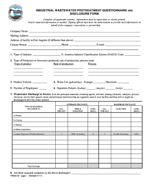 Industrial Wastewater Pretreatment Questionnaire and Disclosure Form