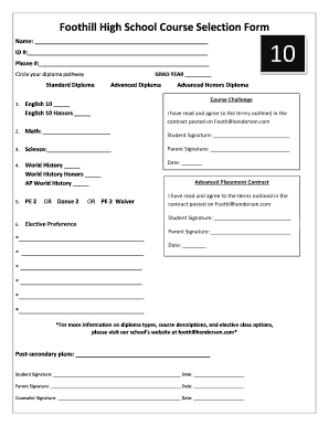 Fillable Online Foothill High School Course Selection Form Fax Email ...