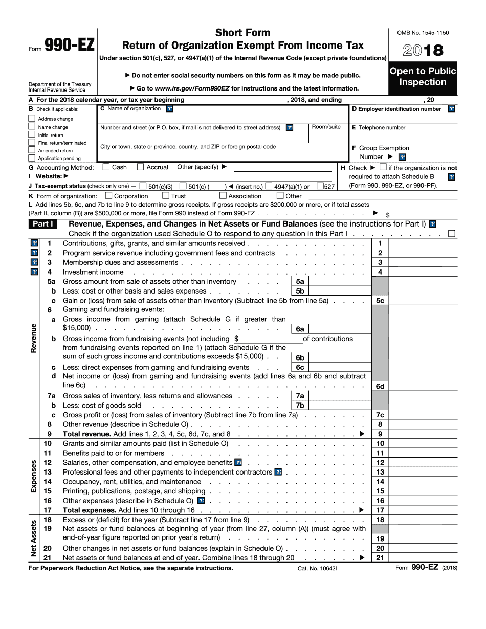 IRS Form 990EZ 2018 2019 Printable & Fillable Sample in PDF