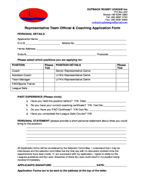 Representative Team Official & Coaching Application Form