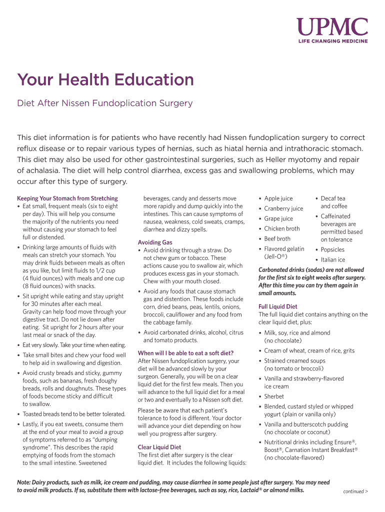 Fillable Online Diet after Nissen Fundoplication Surgery Patient Education Fax Email Print