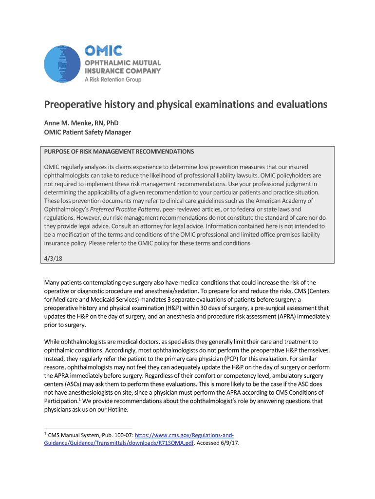 Fillable Online Preoperative history and physical examinations and