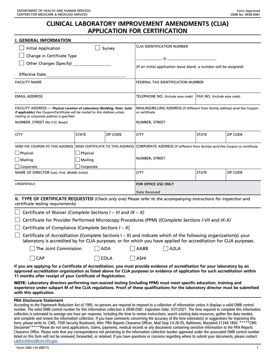 CLIA Application For Certification Form