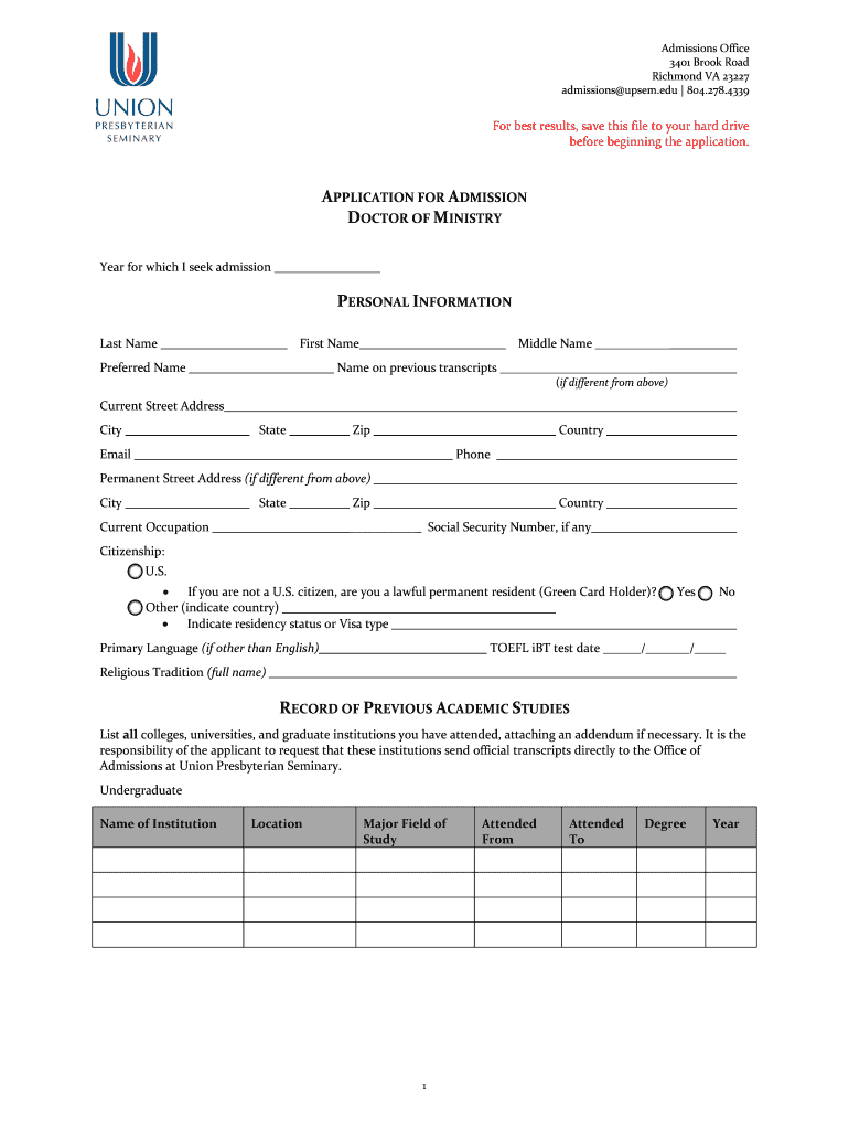 application for admission doctor of ministry personal information Preview on Page 1