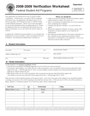 2008-2009 Verification Worksheet Dependent