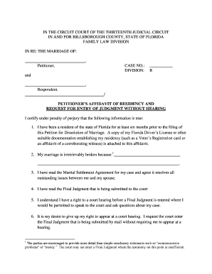 Florida Petitioner’s Affidavit of Residency and Request for Entry of Judgment Without Hearing