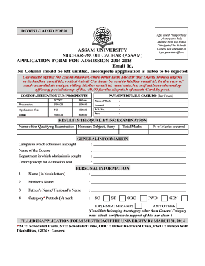 Assam University Admission Application Form