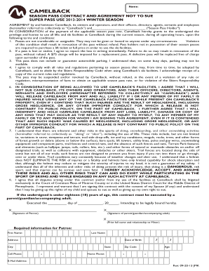 Camelback Season Pass Contract and Agreement Not to Sue