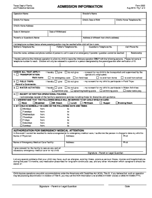 Texas Childcare Admission Information Form 2935