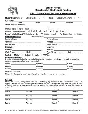 Florida Child Care Application for Enrollment