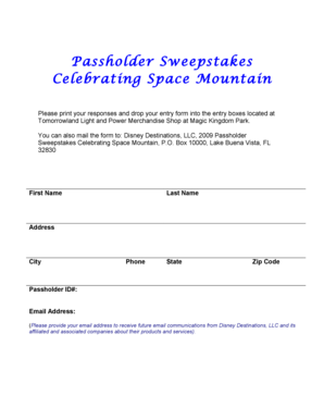 Passholder Sweepstakes Entry Form