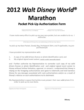 2012 Walt Disney World Marathon Packet Pick-Up Authorization Form
