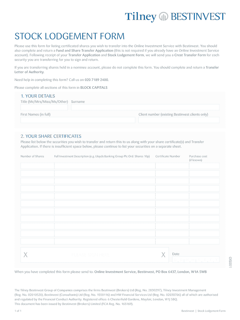 bestinvest stock lodgement form Preview on Page 1