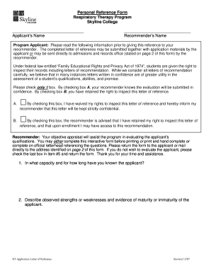 Character reference examples - Personal Reference Form Respiratory Therapy Program Skyline ... - smccd