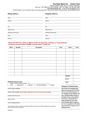 Rain Shed Inc. Order Form