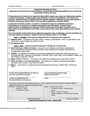 Cuestionario de Información de Datos Raciales y de Etnicidad de Estudiantes/Miembros de Personal de las Escuelas Públicas de Texas