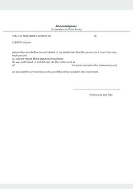 New Jersey Notary Acknowledgment for Entity