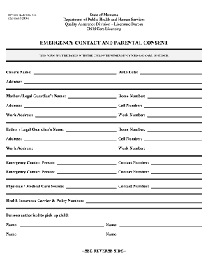 Montana Emergency Contact and Parental Consent Form