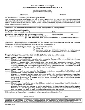 Child and Adult Care Food Program - Infant Formula/Food Waiver Notification - mcgawymca