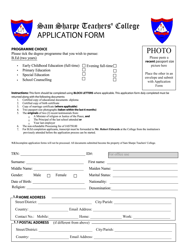 sam sharpe teachers college application form Preview on Page 1