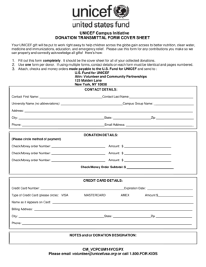 UNICEF Donation Transmittal Form Cover Sheet