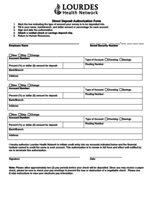 Bank direct deposit form - Direct Deposit Authorization Form - Lourdes Health Network