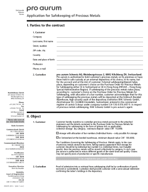 Application for Safekeeping of Precious Metals