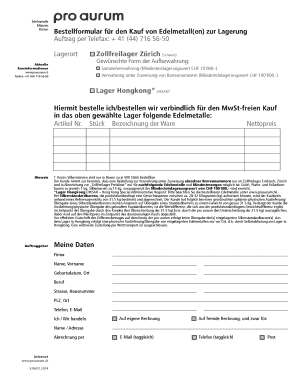 Bestellformular für den Kauf von Edelmetall(en) zur Lagerung