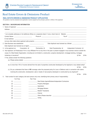 Real Estate Errors & Omissions Product Application