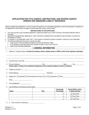 Title Agents Errors and Omissions Liability Insurance Application