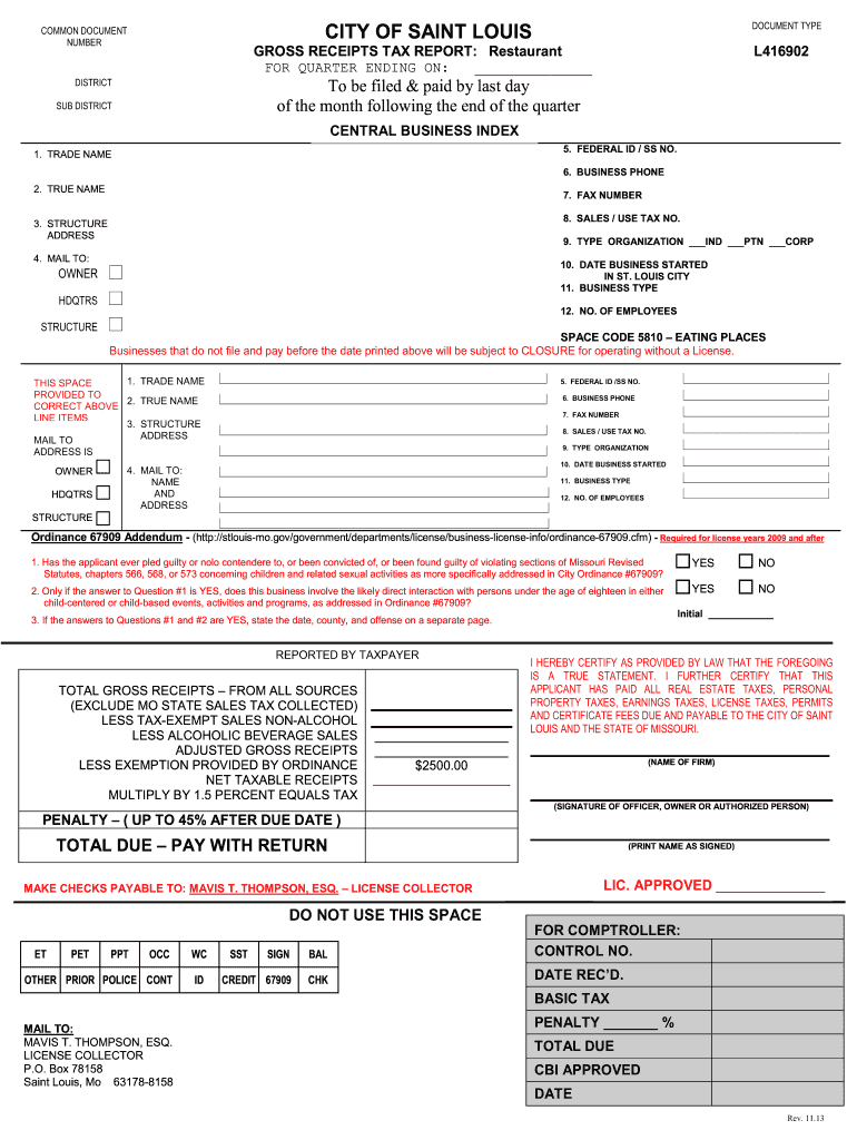 Restaurant Tax Report - City of St. Louis, MO Preview on Page 1