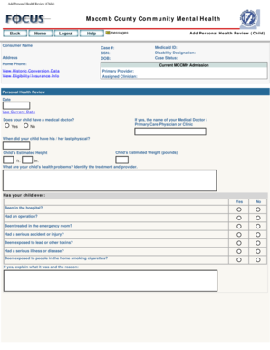 Child Personal Health Review Form