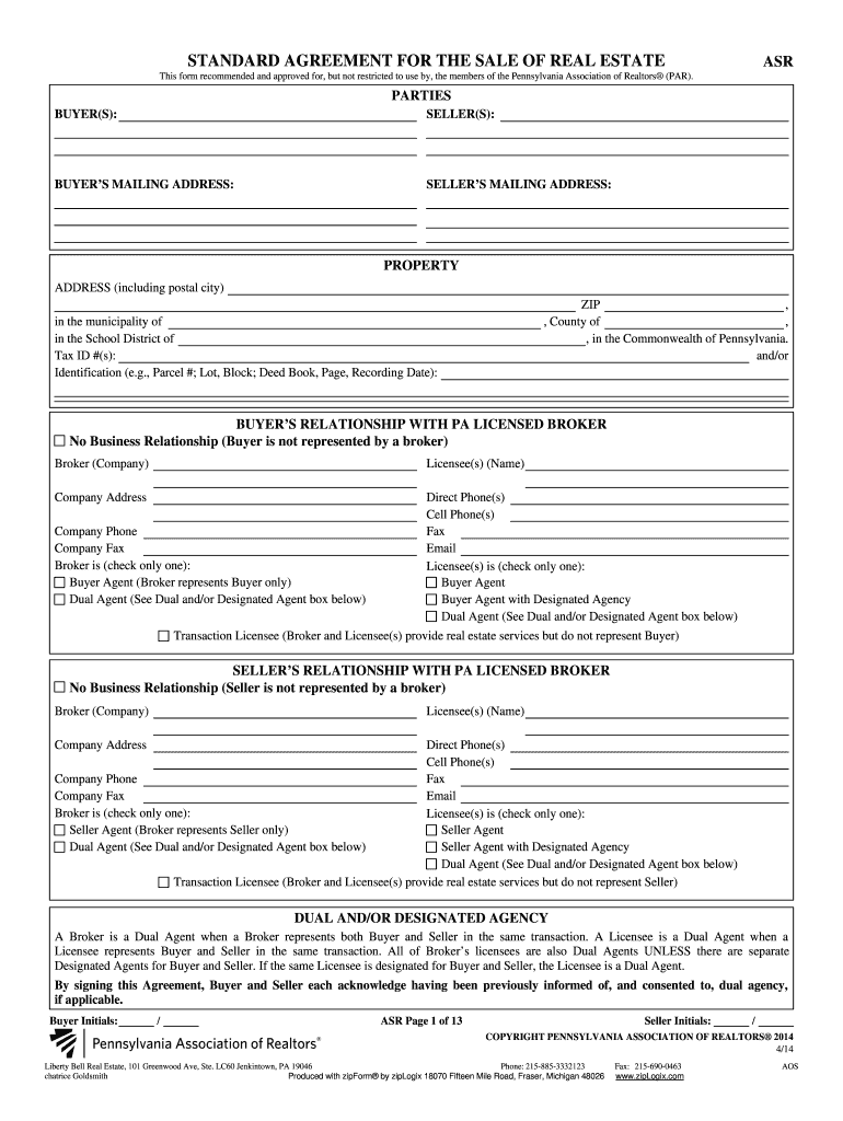 Standard Agreement For The Sale Of Real Estate 4-30-14 Preview on Page 1