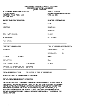 ADDENDUM TO PROPERTY INSPECTION REPORT PROPERTY INSPECTION AGREEMENT (SAMPLE REPORT) ALLIED HOME INSPECTION SERVICES JOHN O