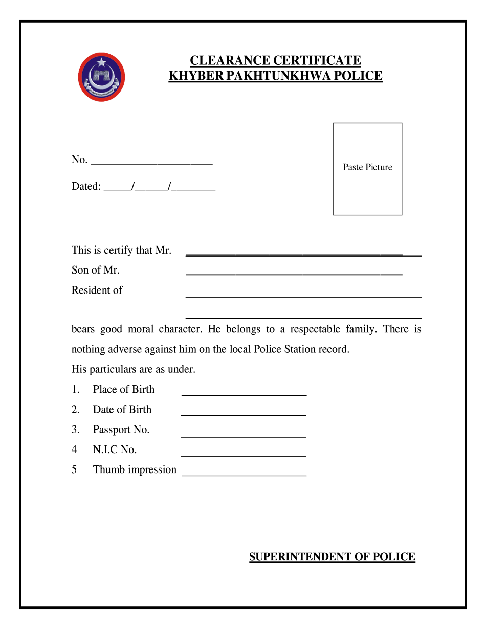 Khyber Police Clearance Certificate Form