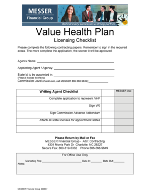 Value Health Plan Licensing Checklist