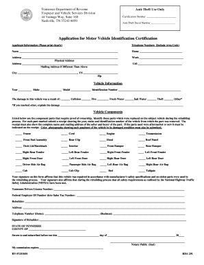 Tennessee Motor Vehicle Identification Certification Application