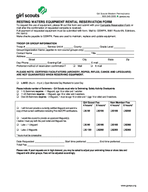 Resting Waters Equipment Rental Reservation Form