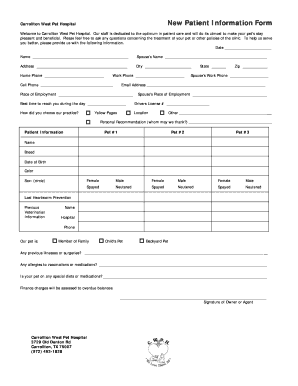 Carrollton West Pet Hospital New Patient Form