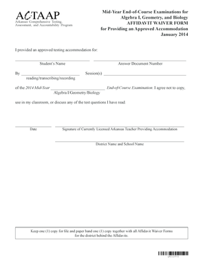 Arkansas Affidavit Waiver Form for Testing Accommodations