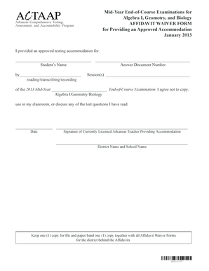 Arkansas Affidavit Waiver Form for Testing Accommodation