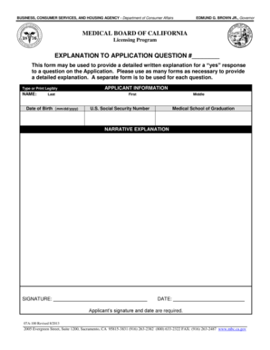 California Medical Board Application Explanation Form